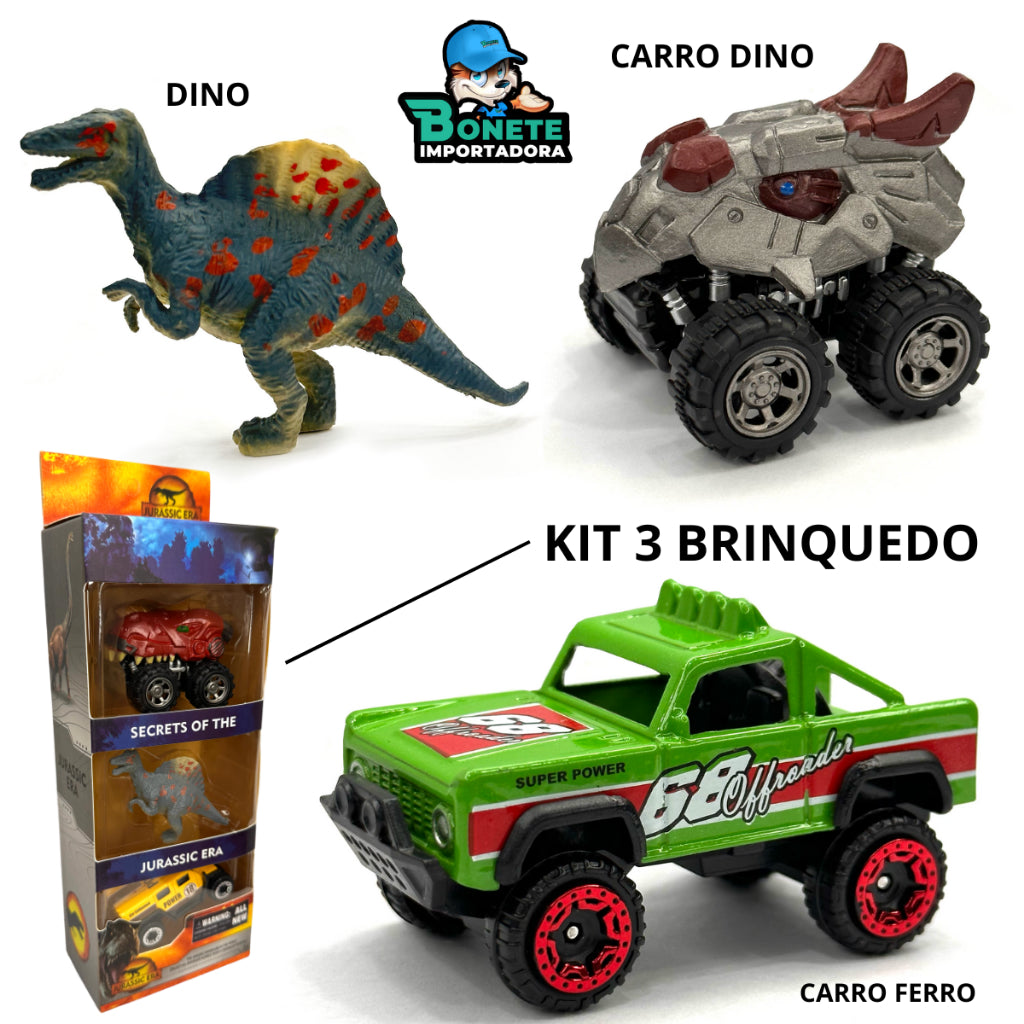Kit 3 Carrinho de Fricção personagem cartelado Dinossauro / Carro de f